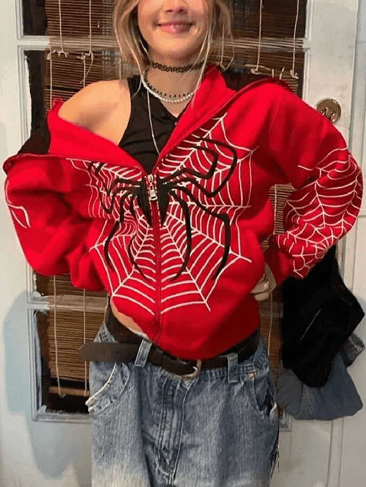Spider Print Zip-Up Hoodie - Y2K Aesthetic Fashion - Coquette Grunge Outfit