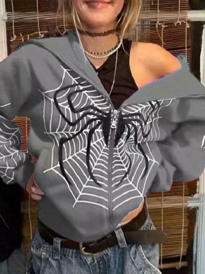 Spider Print Zip-Up Hoodie - Y2K Aesthetic Fashion - Coquette Grunge Outfit