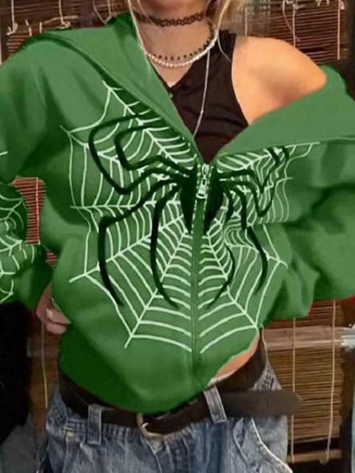 Spider Print Zip-Up Hoodie - Y2K Aesthetic Fashion - Coquette Grunge Outfit