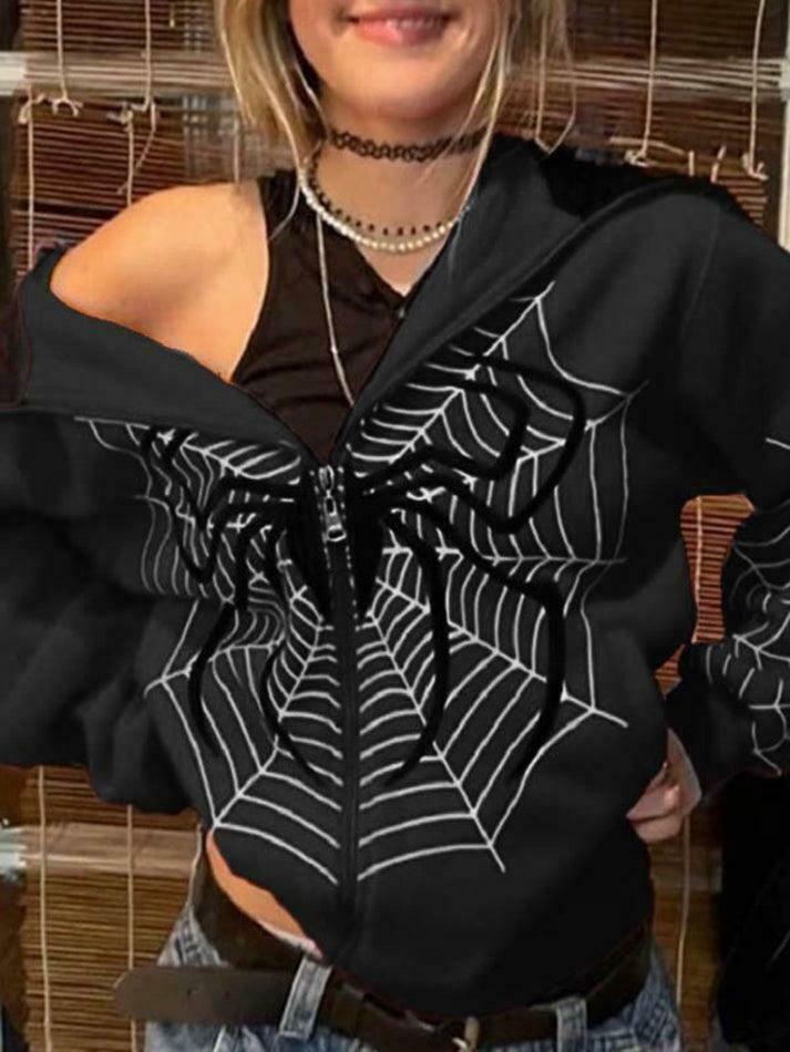 Spider Print Zip-Up Hoodie - Y2K Aesthetic Fashion - Coquette Grunge Outfit