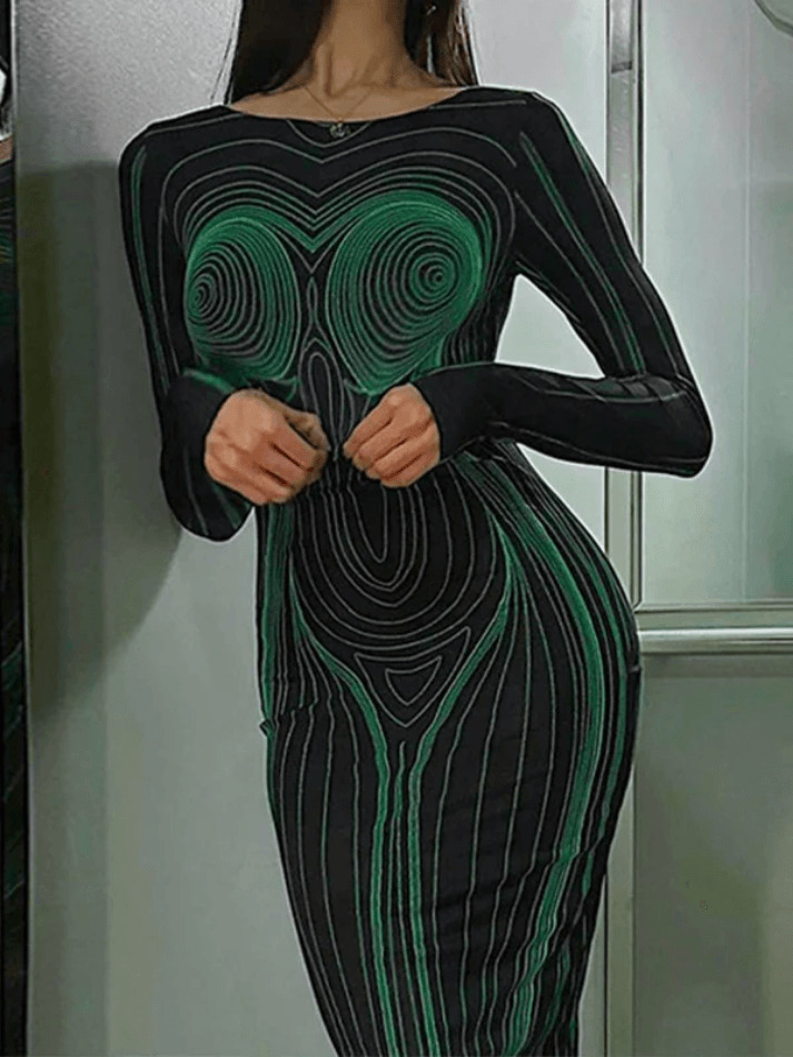 Spiral Line Print Maxi Dress: Y2K Aesthetic Long Sleeve Fashion for Women