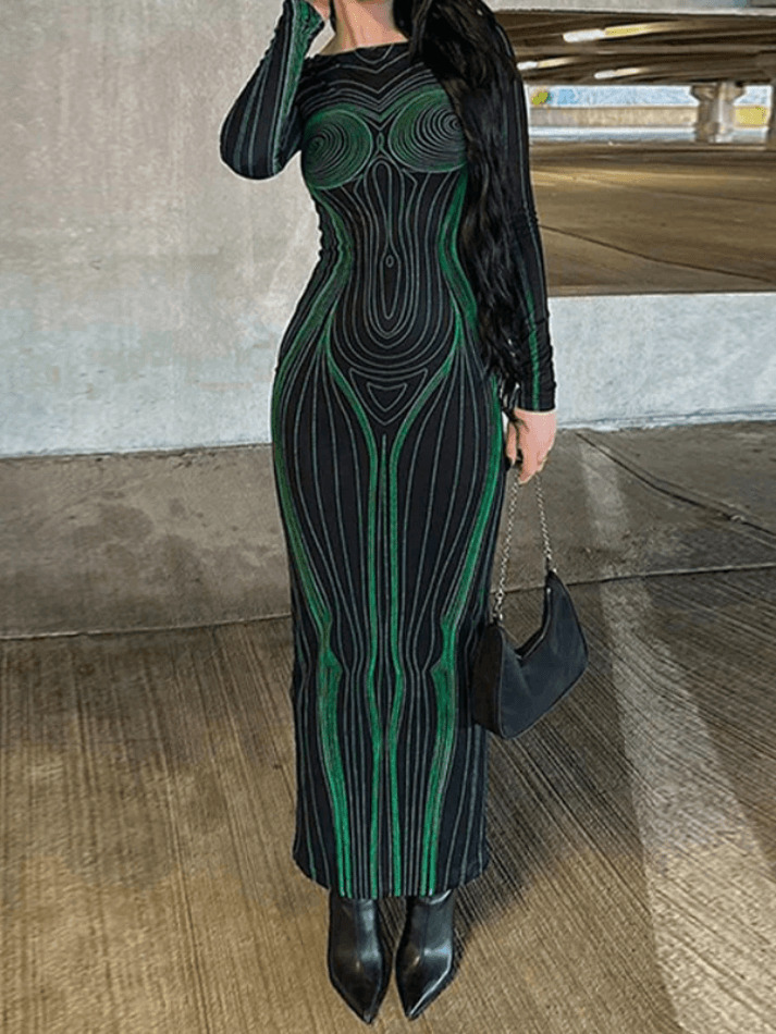 Spiral Line Print Maxi Dress: Y2K Aesthetic Long Sleeve Fashion for Women
