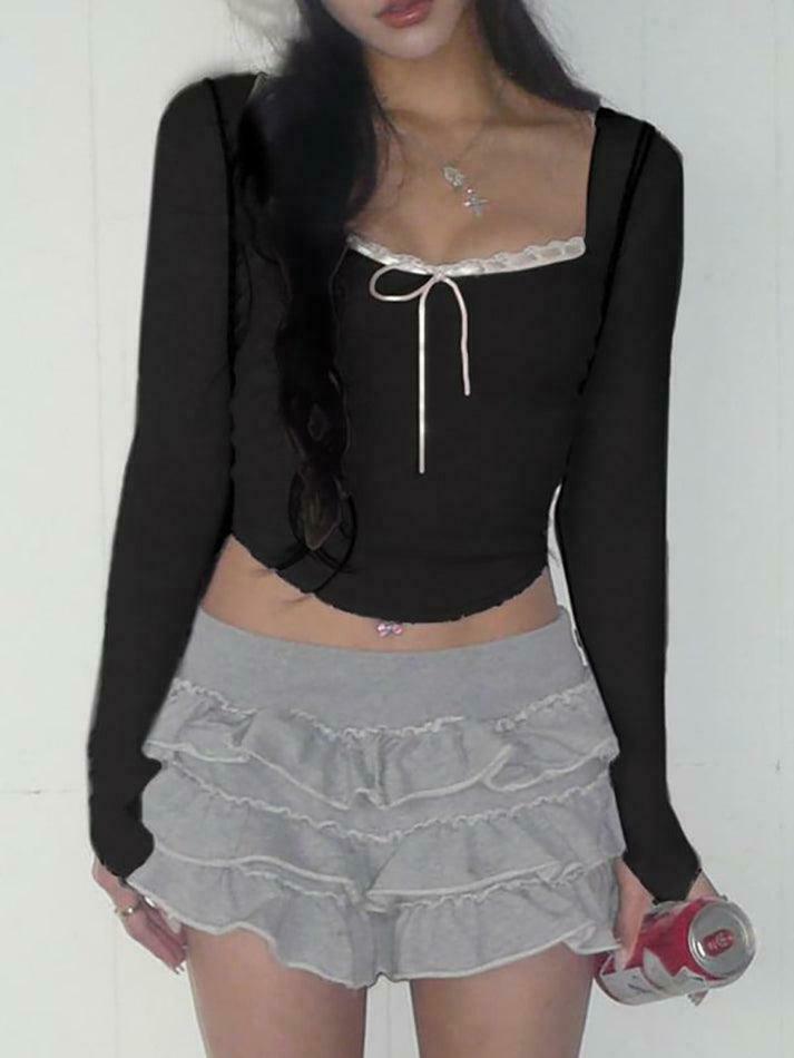 Square-Neck Lace-Trim Crop Top: Y2K Aesthetic with Coquette Style and Grunge Vibes