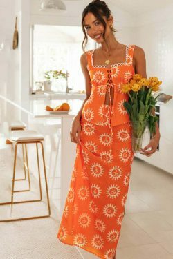 Square Collar Top & Printed Long 2-Piece Dress - Y2K Coquette Grunge Aesthetic