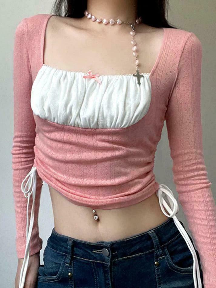 Square Neck Contrast Color Splice Drawstring Long Sleeve Knit Sweater