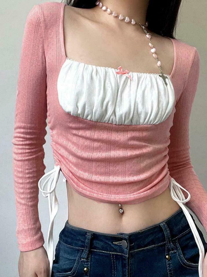 Square Neck Contrast Color Splice Drawstring Long Sleeve Knit Sweater