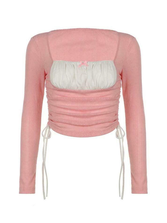 Square Neck Contrast Color Splice Drawstring Long Sleeve Knit Sweater