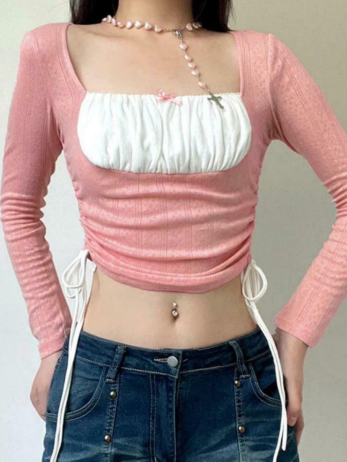 Square Neck Contrast Color Splice Drawstring Long Sleeve Knit Sweater