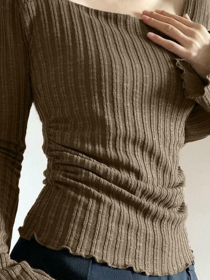 Square Neck Flare Sleeve Slim Knit - Y2K Fashion Coquette Aesthetic Grunge Style Cute Tops Pastel