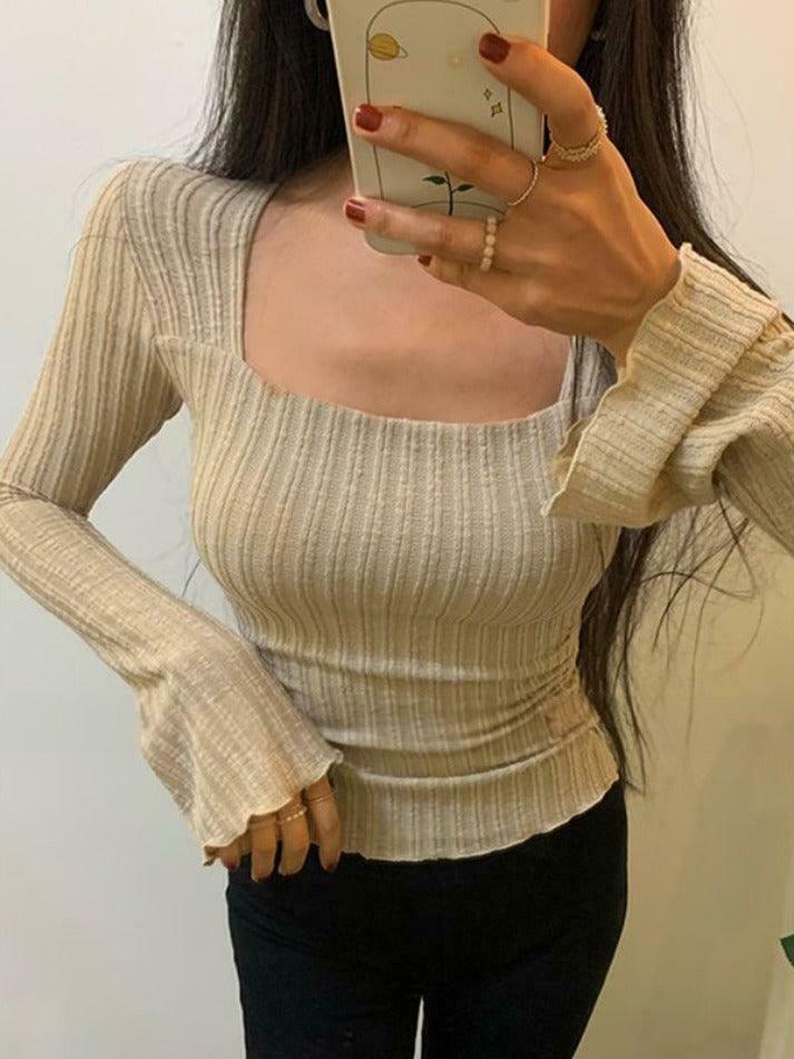 Square Neck Flare Sleeve Slim Knit - Y2K Fashion Coquette Aesthetic Grunge Style Cute Tops Pastel