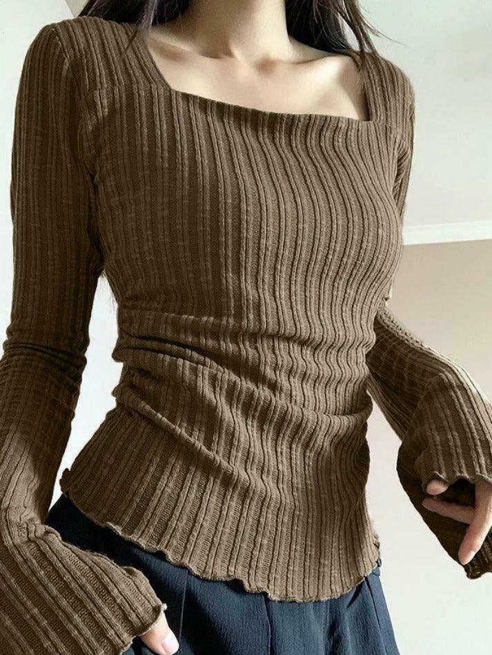 Square Neck Flare Sleeve Slim Knit - Y2K Fashion Coquette Aesthetic Grunge Style Cute Tops Pastel