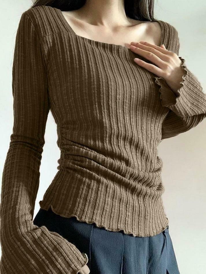 Square Neck Flare Sleeve Slim Knit - Y2K Fashion Coquette Aesthetic Grunge Style Cute Tops Pastel