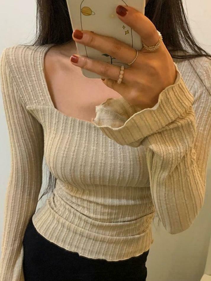 Square Neck Flare Sleeve Slim Knit - Y2K Fashion Coquette Aesthetic Grunge Style Cute Tops Pastel