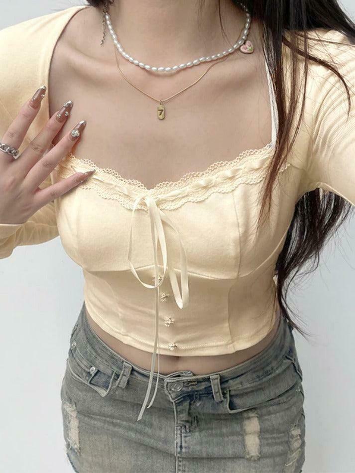 Square Neck Lace Splice Tie Front Long Sleeve Tee - Y2K Fashion Coquette Aesthetic Grunge Style