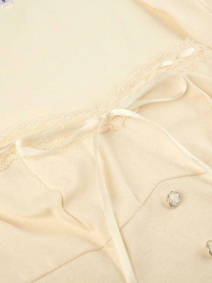 Square Neck Lace Splice Tie Front Long Sleeve Tee - Y2K Fashion Coquette Aesthetic Grunge Style
