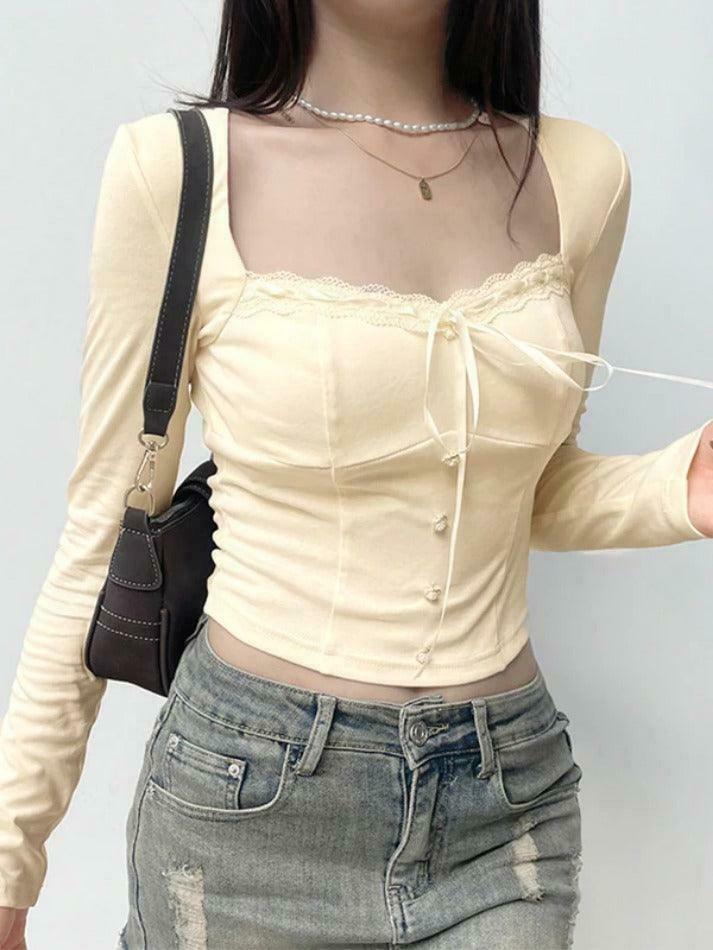 Square Neck Lace Splice Tie Front Long Sleeve Tee - Y2K Fashion Coquette Aesthetic Grunge Style