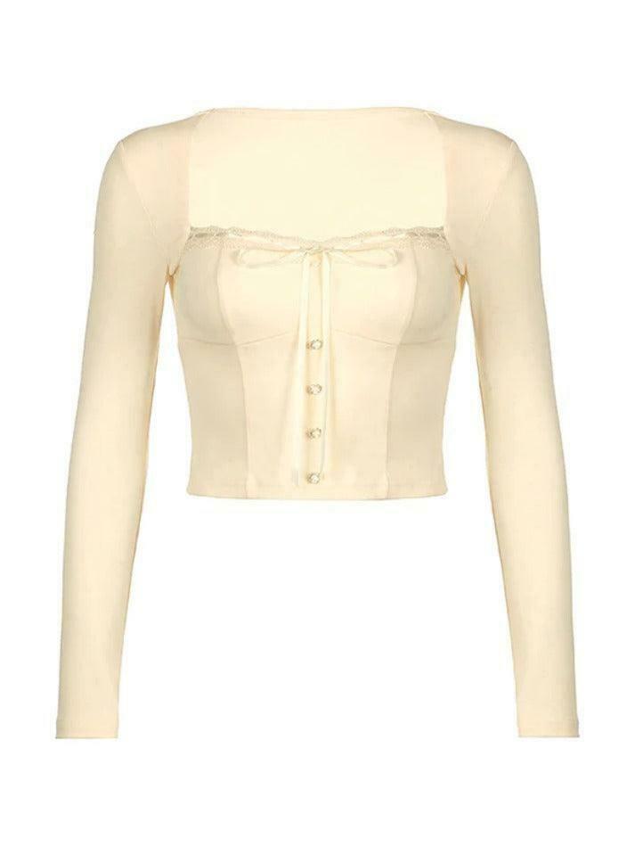 Square Neck Lace Splice Tie Front Long Sleeve Tee - Y2K Fashion Coquette Aesthetic Grunge Style