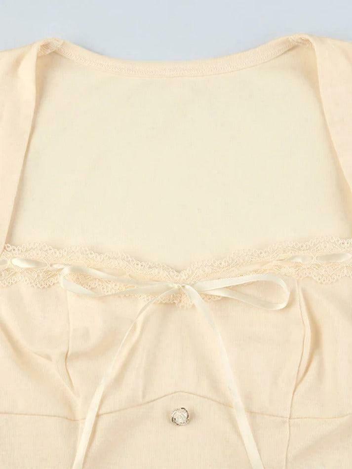 Square Neck Lace Splice Tie Front Long Sleeve Tee - Y2K Fashion Coquette Aesthetic Grunge Style
