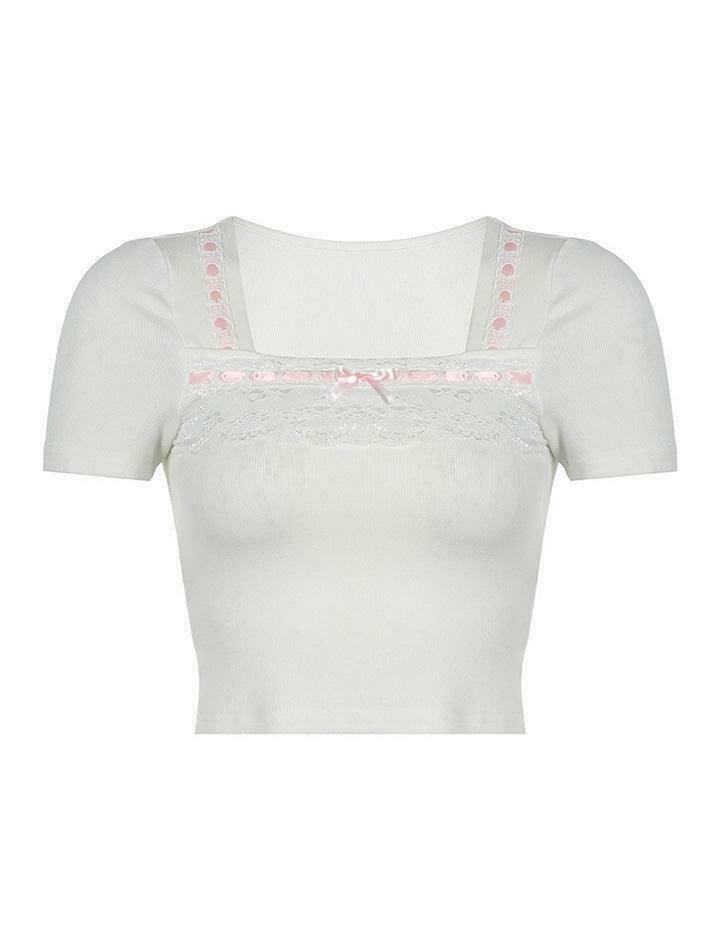 Square Neck Lace Trim Tee: Y2K Fashion Aesthetic Top for Women - Coquette & Grunge Style
