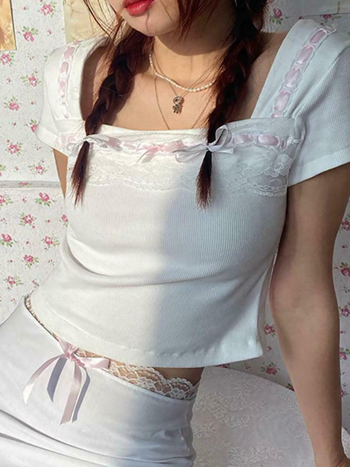 Square Neck Lace Trim Tee: Y2K Fashion Aesthetic Top for Women - Coquette & Grunge Style