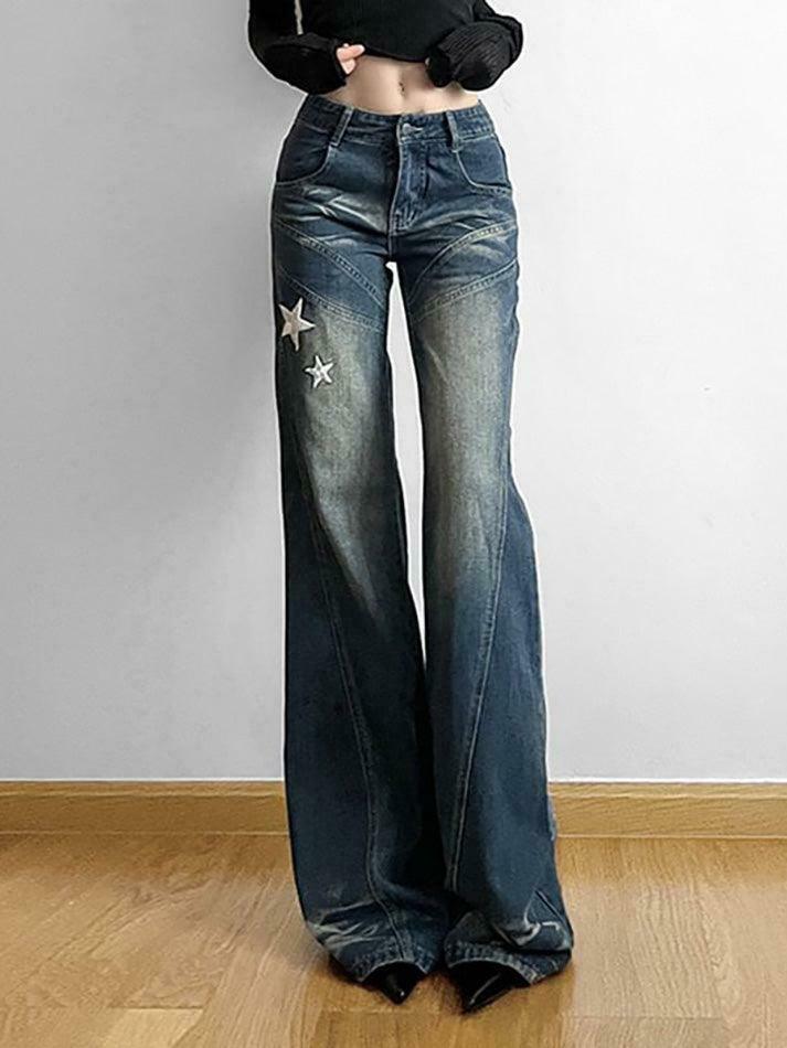 Star Applique Low Waist Wide-Leg Jeans: Y2K Fashion with a Grunge Twist