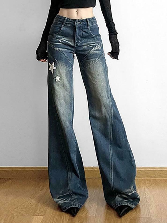 Star Applique Low Waist Wide-Leg Jeans: Y2K Fashion with a Grunge Twist
