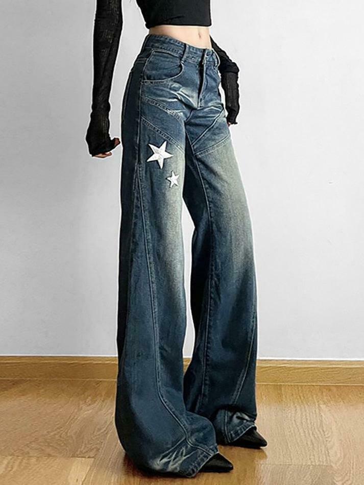Star Applique Low Waist Wide-Leg Jeans: Y2K Fashion with a Grunge Twist