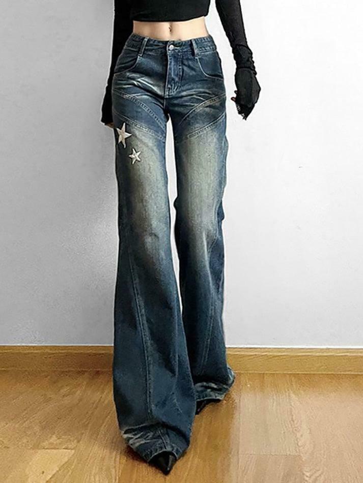 Star Applique Low Waist Wide-Leg Jeans: Y2K Fashion with a Grunge Twist