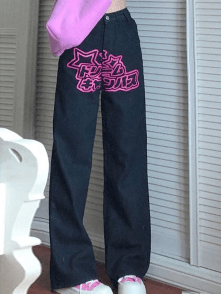 Star Heart Pattern Boyfriend Jeans - Y2K Aesthetic Denim with Coquette Style & Grunge Flair