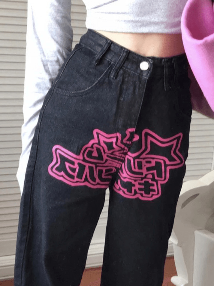 Star Heart Pattern Boyfriend Jeans - Y2K Aesthetic Denim with Coquette Style & Grunge Flair