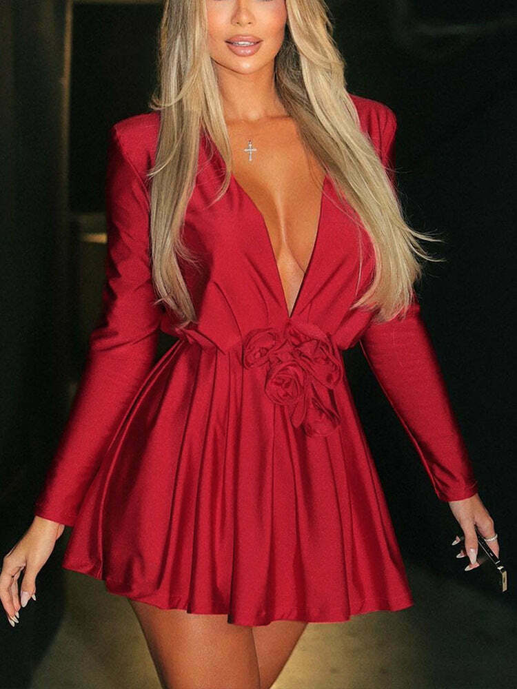 Stitched 3D Flower Red Dress - Y2K Fashion Coquette Aesthetic Grunge Style