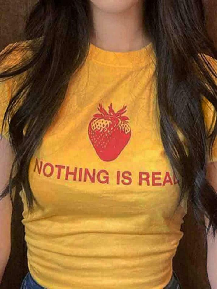 Strawberry Letter Print Crop Tee - Y2K Aesthetic Top - Coquette Grunge Outfit