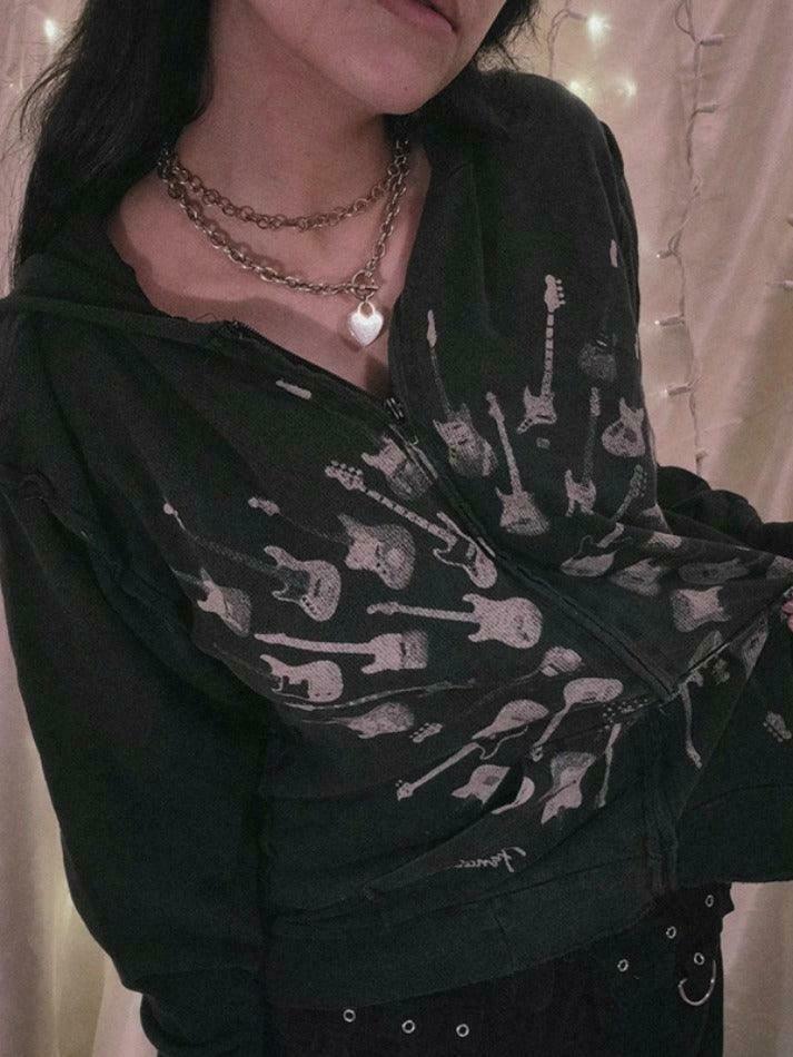 Street Guitar Print Oversized Hoodie - Y2K Fashion Coquette Aesthetic Grunge Style