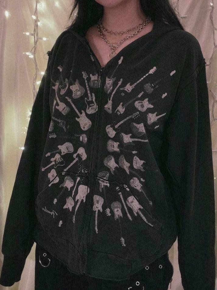 Street Guitar Print Oversized Hoodie - Y2K Fashion Coquette Aesthetic Grunge Style