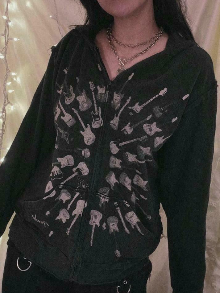 Street Guitar Print Oversized Hoodie - Y2K Fashion Coquette Aesthetic Grunge Style
