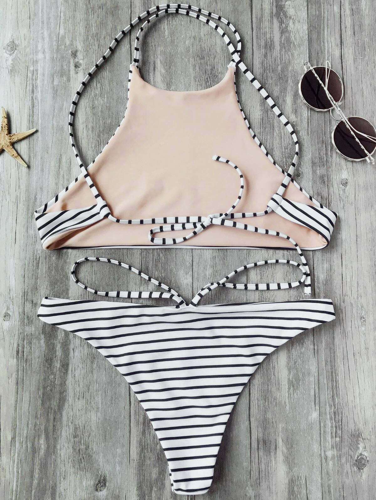 Striped High Neck Bikini Set - Y2K Fashion Swimwear for Women - Coquette Aesthetic Beach Outfit