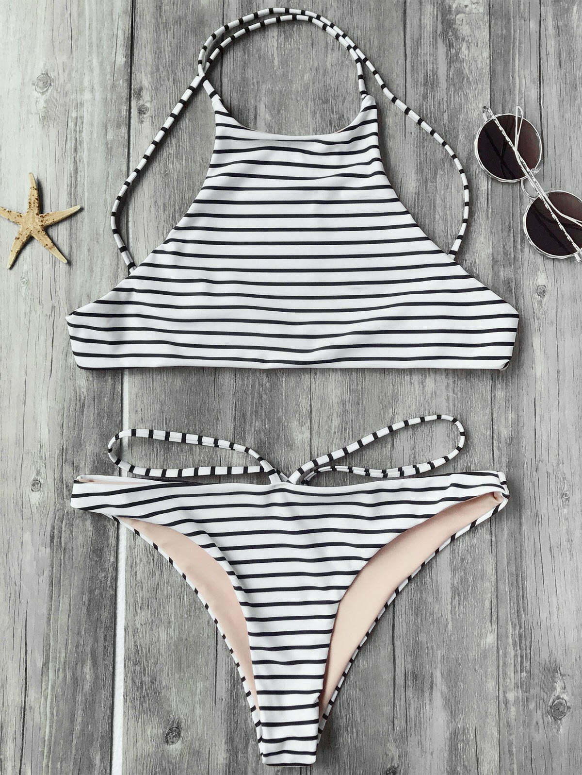 Striped High Neck Bikini Set - Y2K Fashion Swimwear for Women - Coquette Aesthetic Beach Outfit