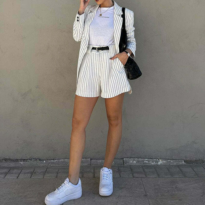 Striped Long-Sleeve Shorts Set: Y2K Fashion Coquette Aesthetic Outfit for Women