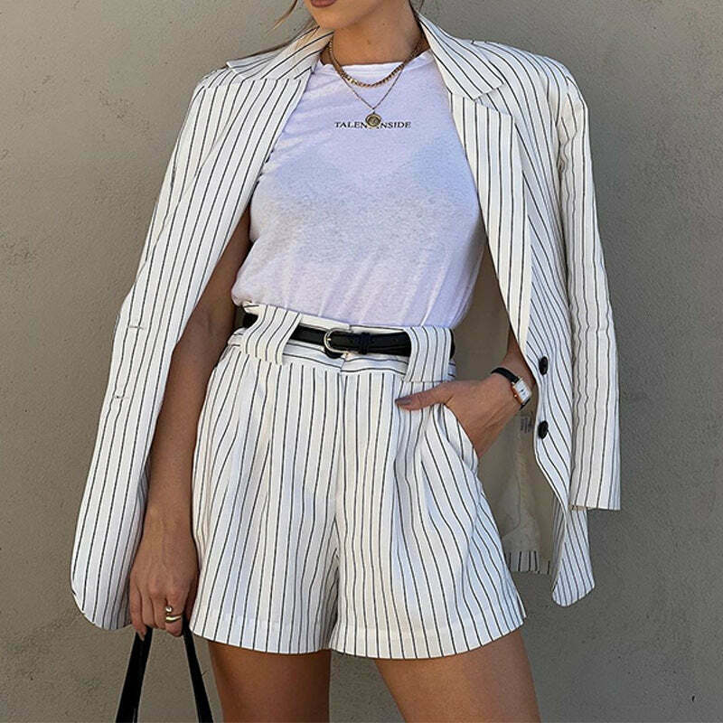 Striped Long-Sleeve Shorts Set: Y2K Fashion Coquette Aesthetic Outfit for Women
