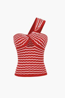 Striped One Shoulder Knitted Cami Top - Y2K Fashion Aesthetic - Coquette Grunge Pastel Goth