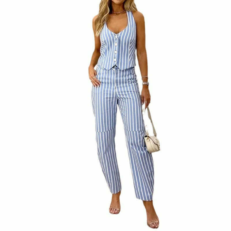 Striped V-Neck Sleeveless Suit: Y2K Fashion Coquette Aesthetic Grunge Style Cargo Skirt Pastel Goth
