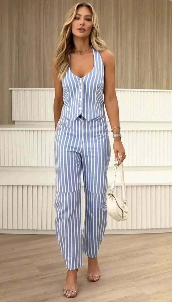 Striped V-Neck Sleeveless Suit: Y2K Fashion Coquette Aesthetic Grunge Style Cargo Skirt Pastel Goth