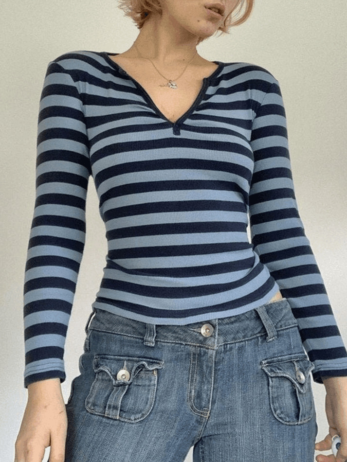 Striped V Neck Long Sleeve Tee - Y2K Fashion Aesthetic Top for Women - Coquette Style Grunge Outfit