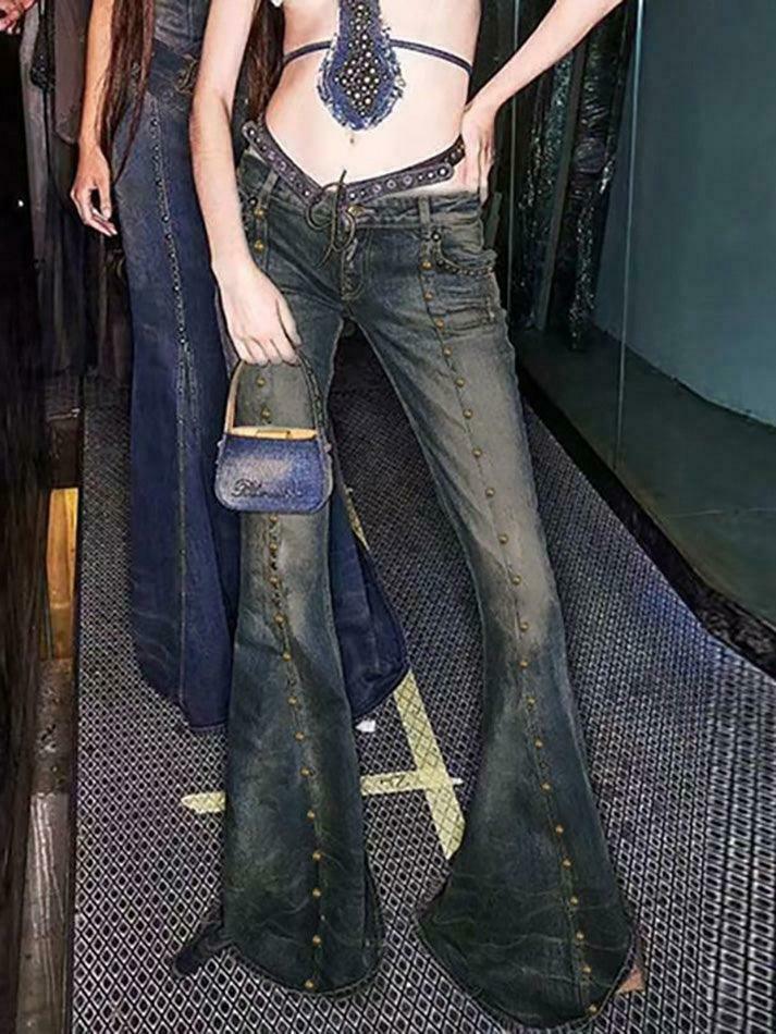Studded Low Rise Boot-Cut Jeans: Y2K Fashion with a Grunge Twist, Coquette Aesthetic, and Edgy Vibes