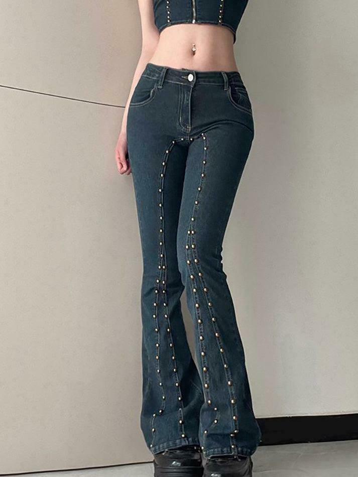 Studded Low Rise Boot-Cut Jeans: Y2K Fashion with a Grunge Twist, Coquette Aesthetic, and Edgy Vibes