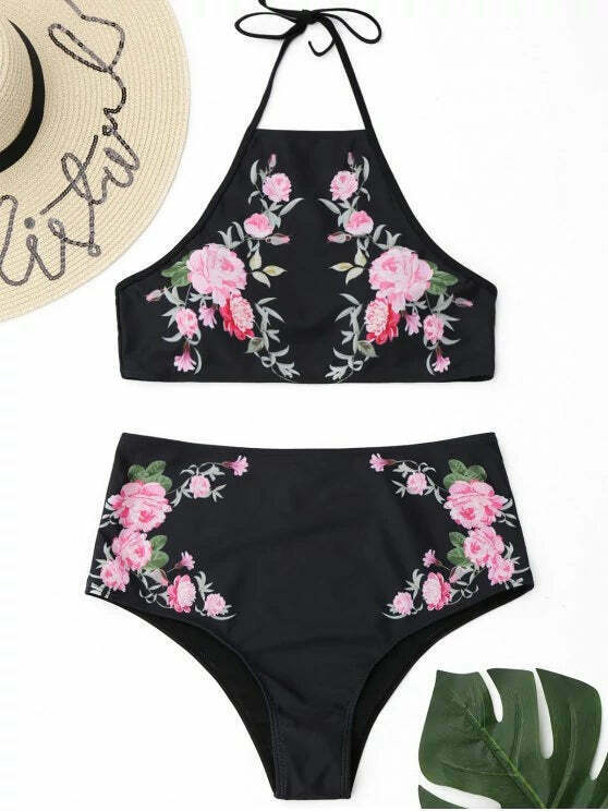 Stunning High Neck Floral Bikini Set with High Waist - Y2K Fashion Swimwear for Women