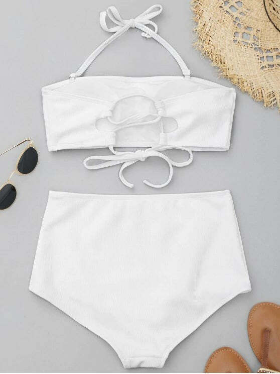 Stunning Ribbed Texture Bandeau High Waisted Bikini for Y2K Fashion Enthusiasts