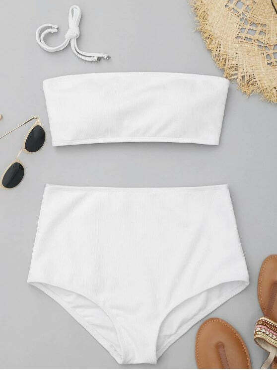 Stunning Ribbed Texture Bandeau High Waisted Bikini for Y2K Fashion Enthusiasts