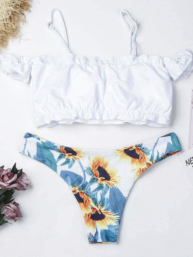 Sunflower Off-Shoulder Bikini Set: Y2K Fashion with Coquette & Grunge Aesthetics