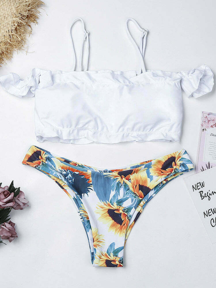 Sunflower Off-Shoulder Bikini Set: Y2K Fashion with Coquette & Grunge Aesthetics